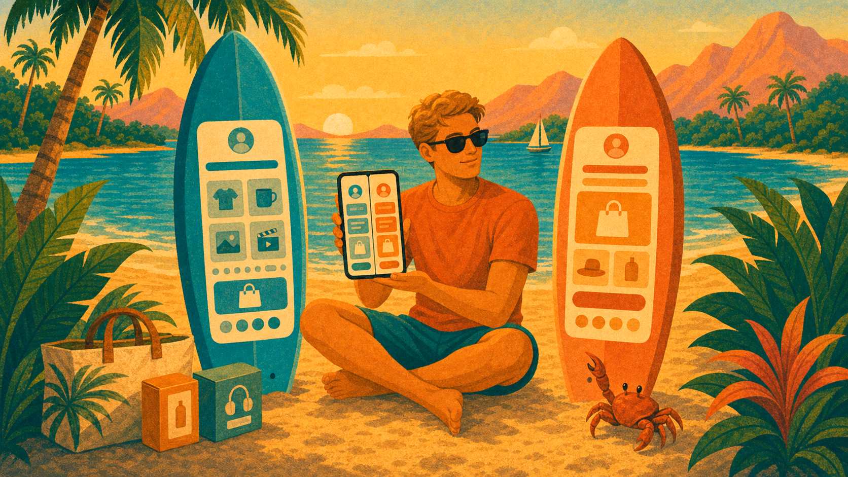 Deux planches de surf façon boutique représentant Paage et Stan Store, avec un créateur qui les compare sur son téléphone