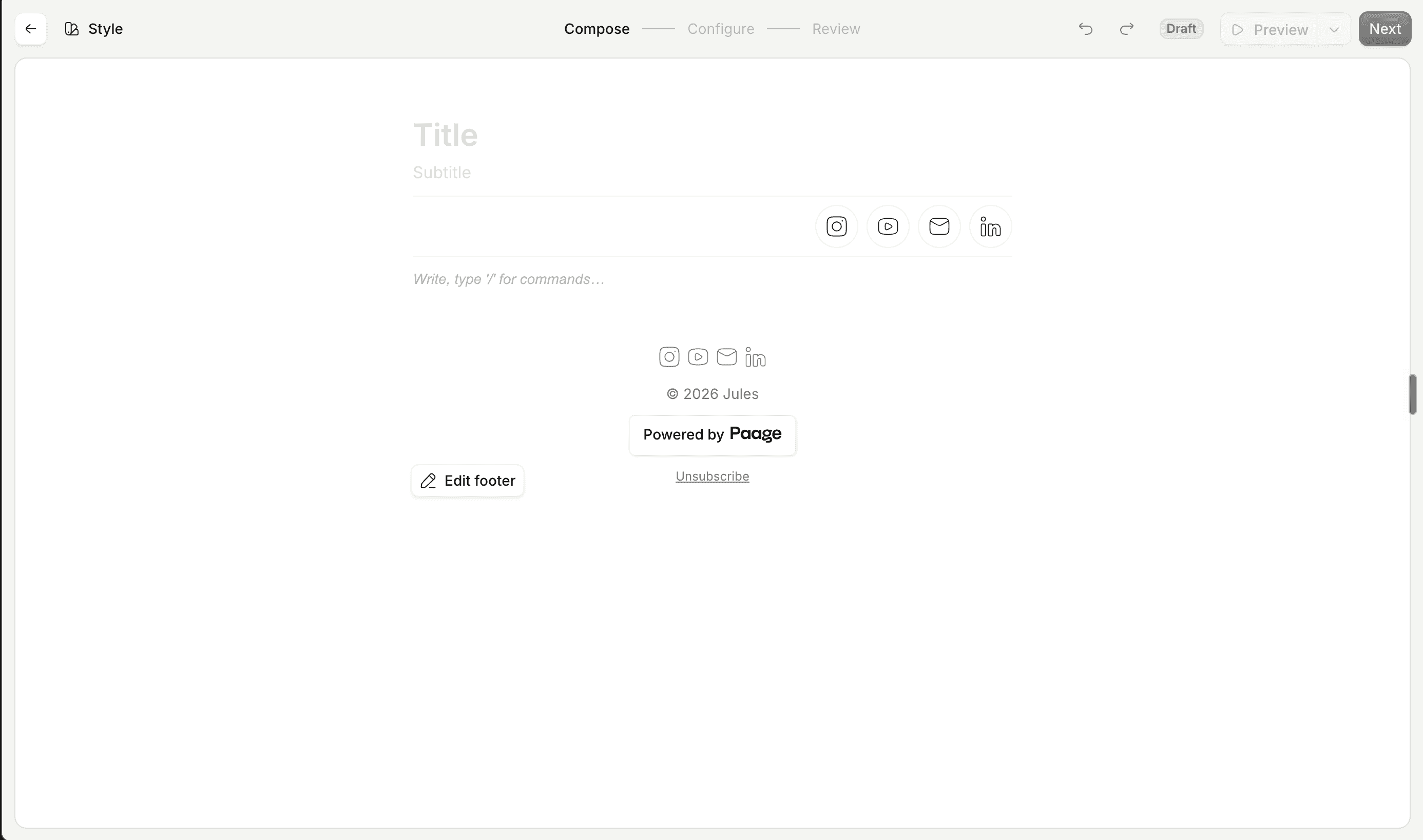 Paage email campaign editor used to announce a gift card offer to a subscriber list