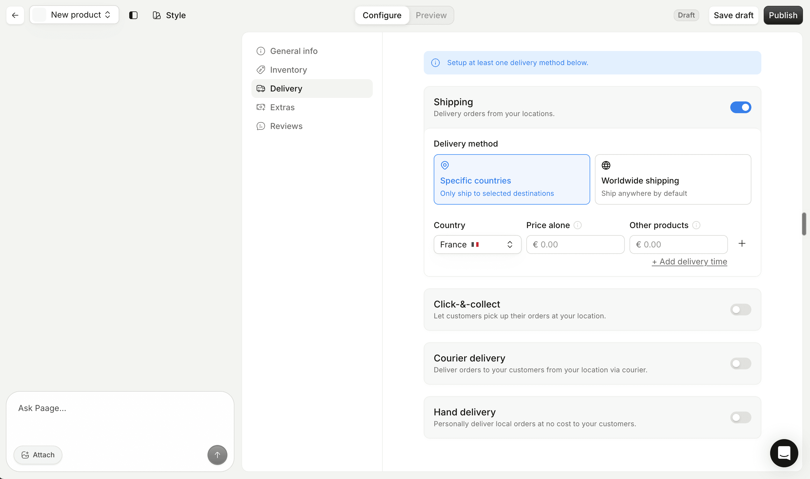 Paage product delivery settings screen showing file upload and delivery configuration