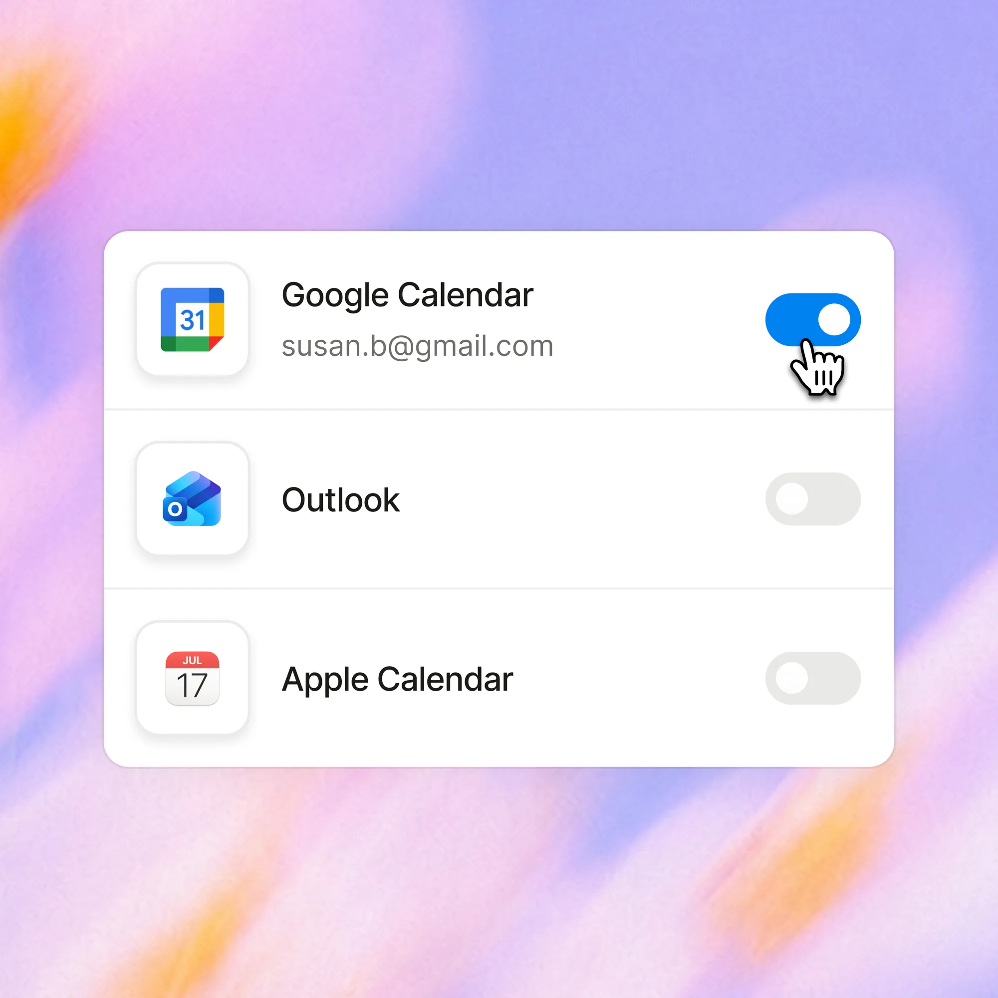 Calendar connections in Paage, with Google Calendar switched on