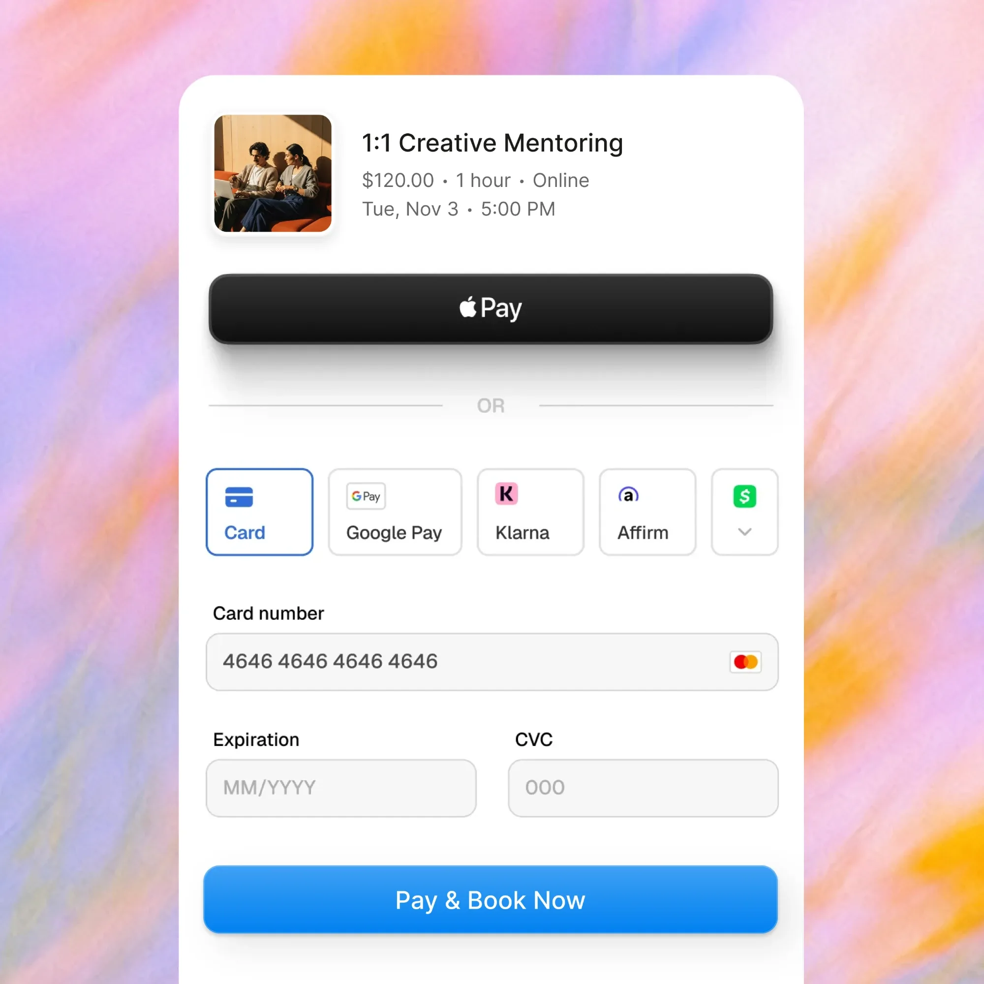 Checkout for a $120 one-hour mentoring session on Tuesday at 5:00 PM, with Apple Pay, card and a Pay & Book Now button