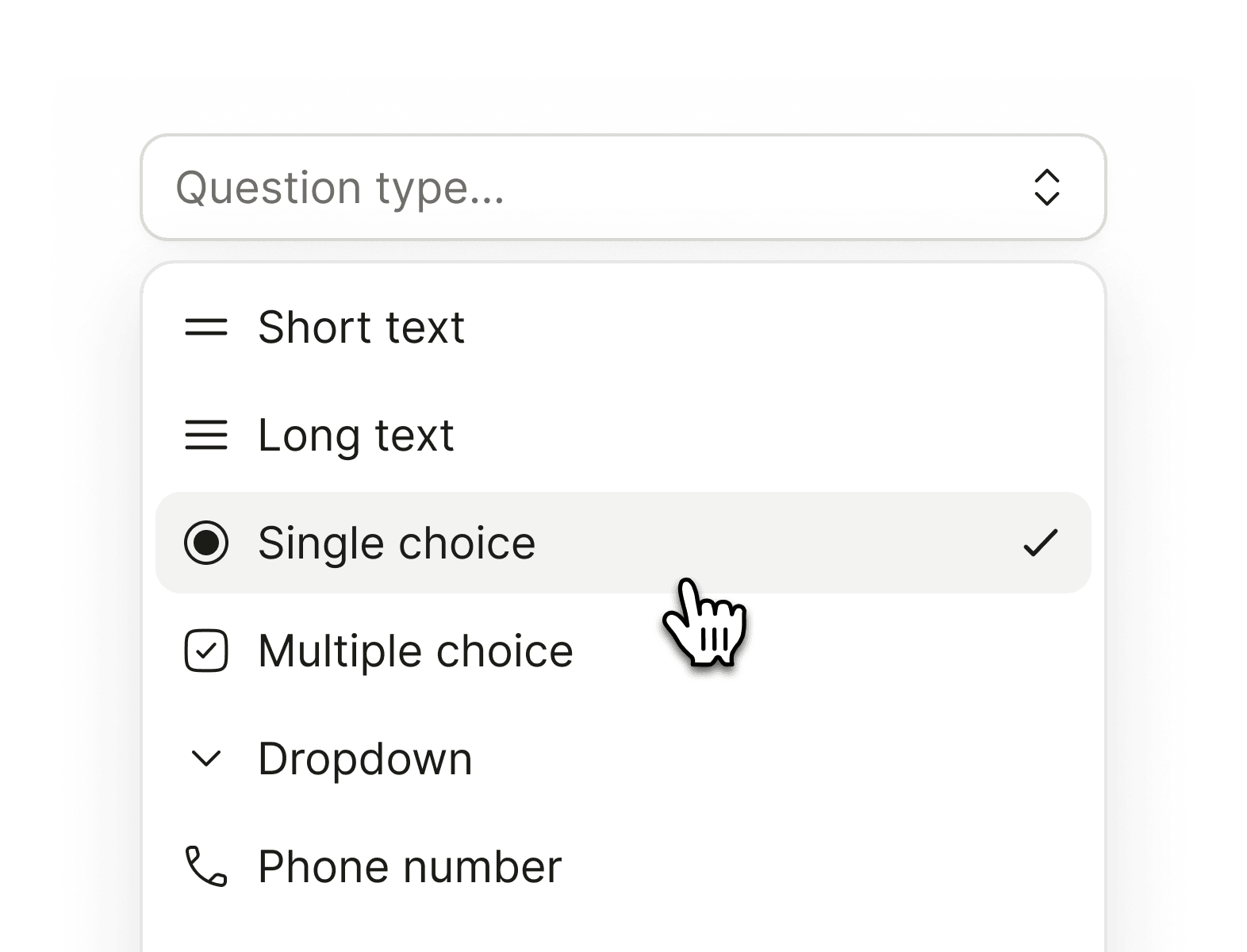 A booking form question type picker: short text, long text, single choice and more