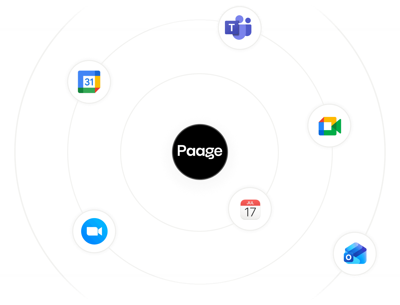 The Paage logo circled by calendar and video-call app icons