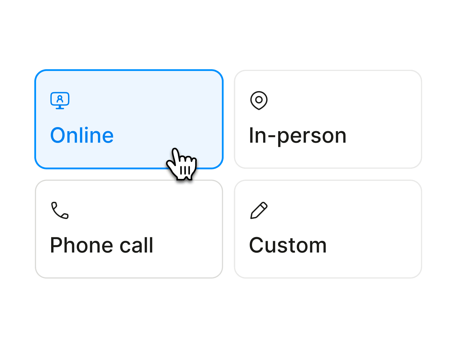 Appointment location options: online, in person, phone call or custom