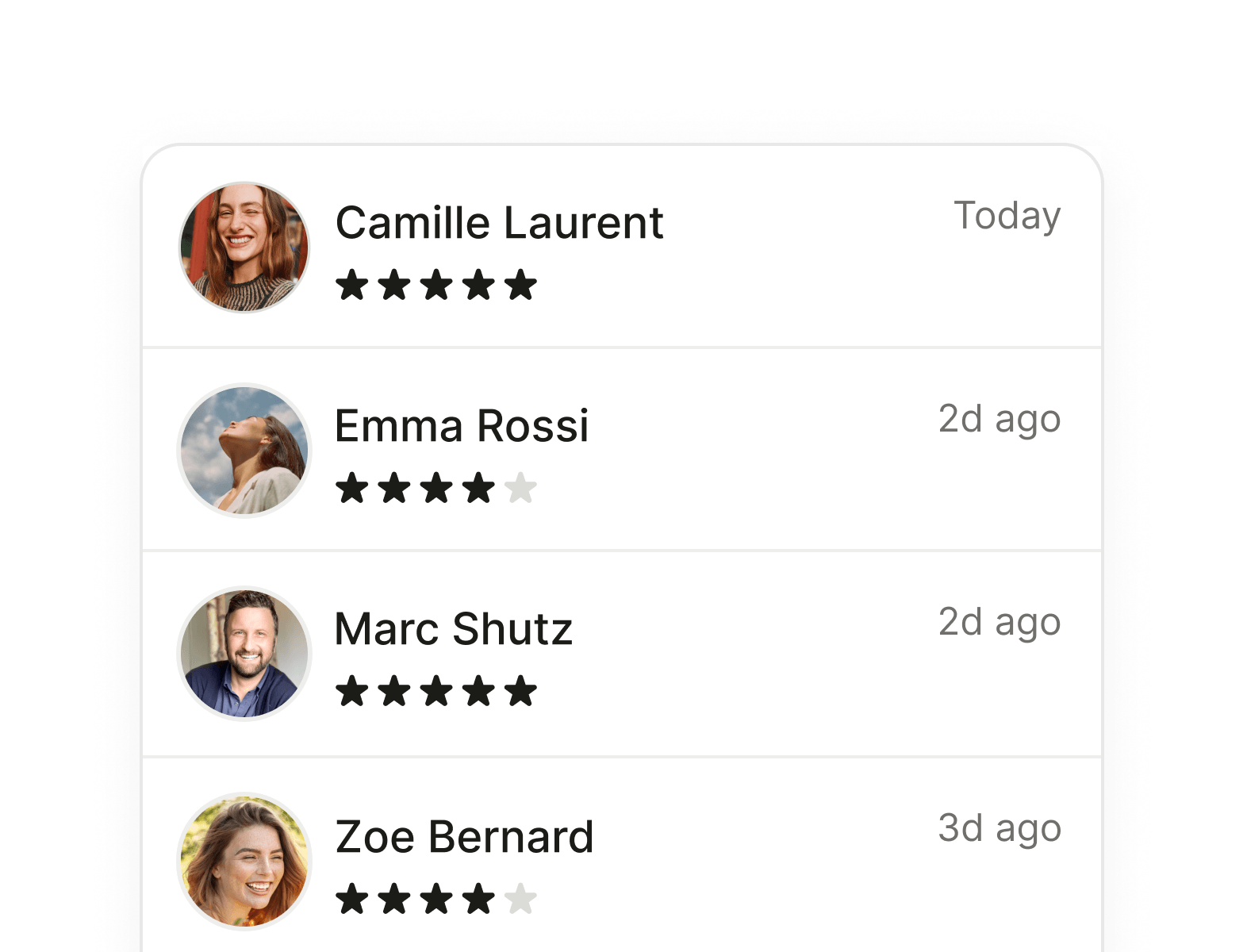 Recent client reviews with star ratings