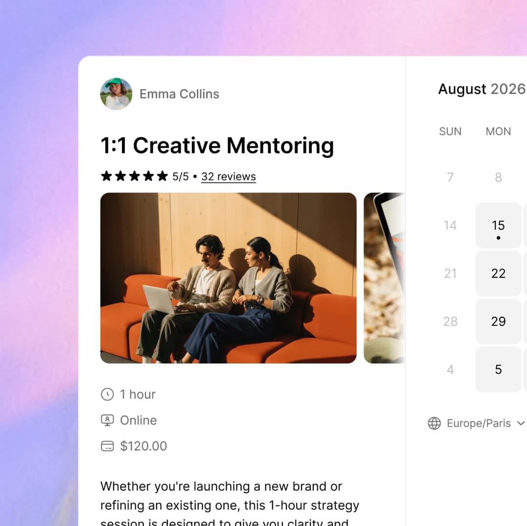 A 1:1 creative mentoring session on Paage, with its price, length and a calendar to pick a date