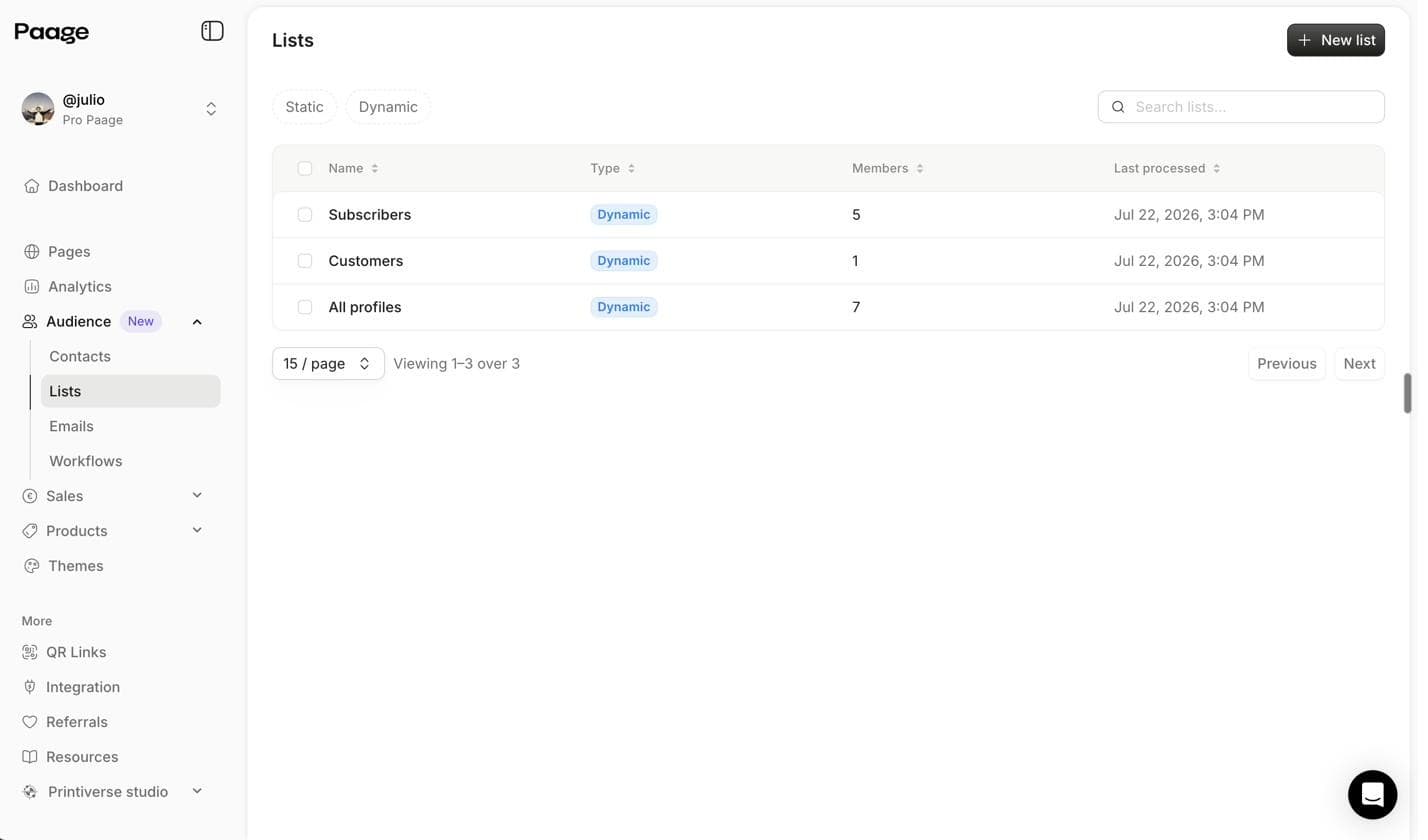 Paage audience dashboard showing dynamic contact lists for segmenting buyers and subscribers