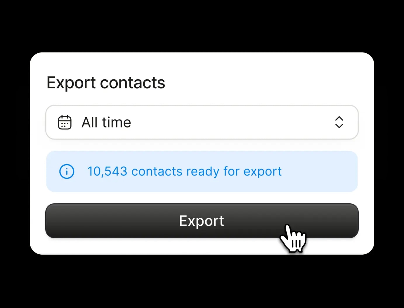 Un panneau d'export avec 10 543 contacts prêts à être exportés