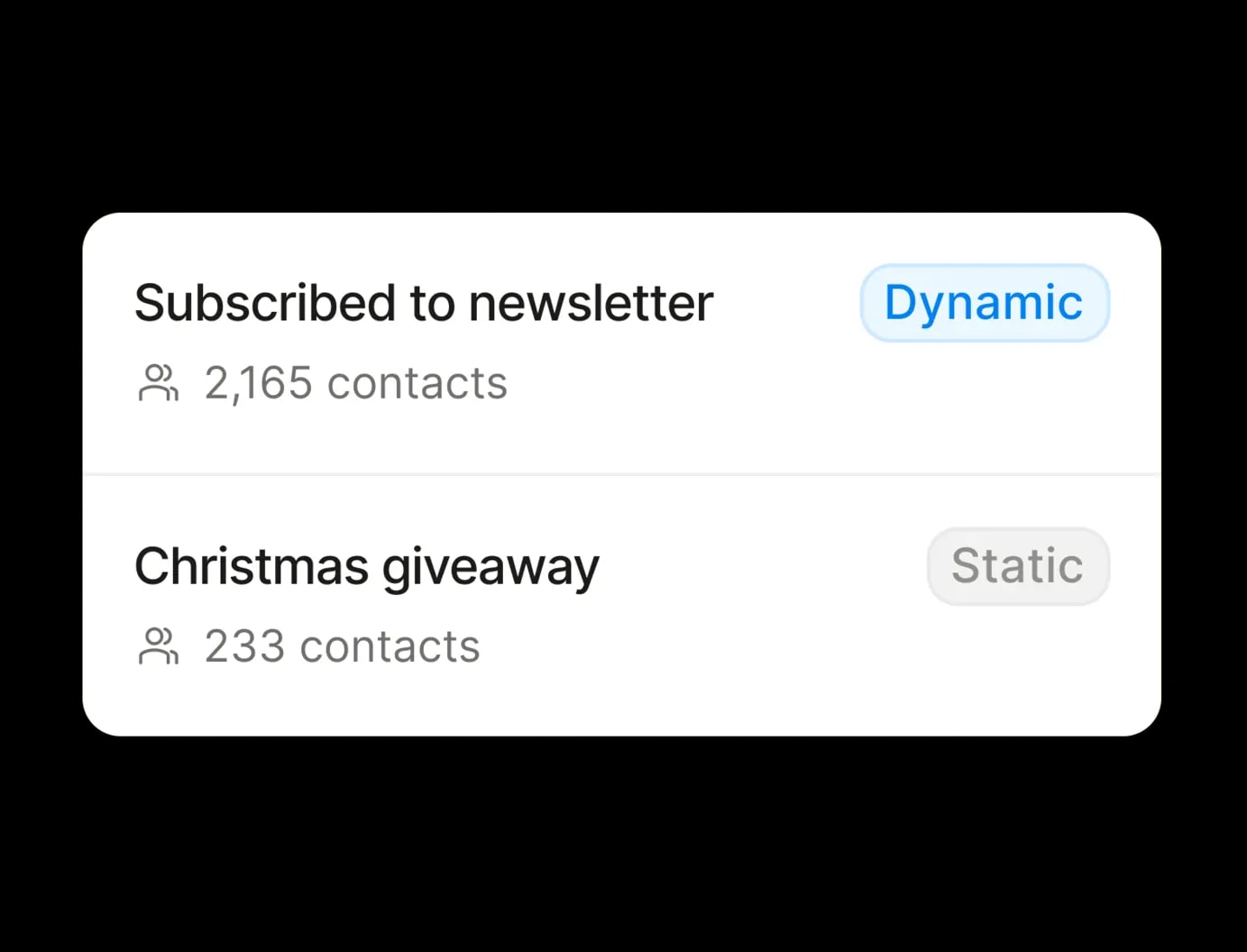 Deux listes de contacts : une liste dynamique de 2 165 abonnés à la newsletter et une liste statique de 233 participants à un jeu concours