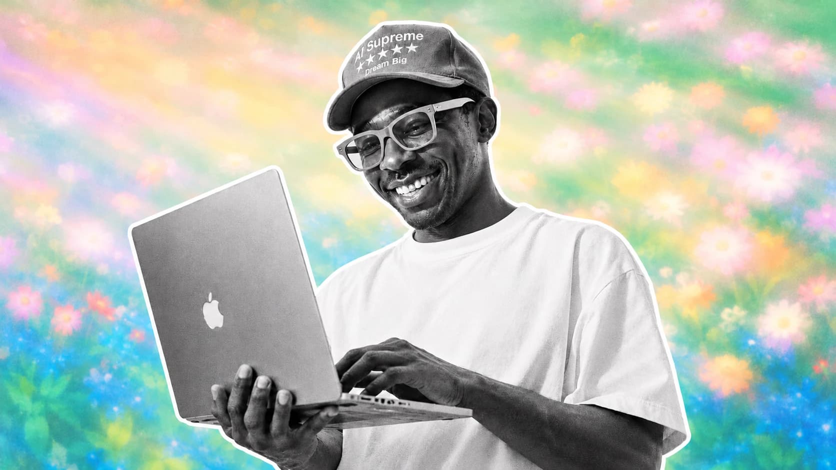 A smiling creator in a cap and glasses typing on a laptop, in front of a colourful field of flowers