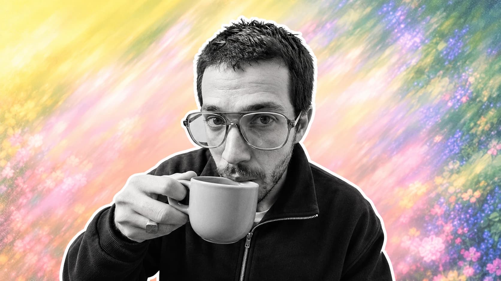 Un créateur à lunettes boit dans une tasse, devant un champ de fleurs coloré