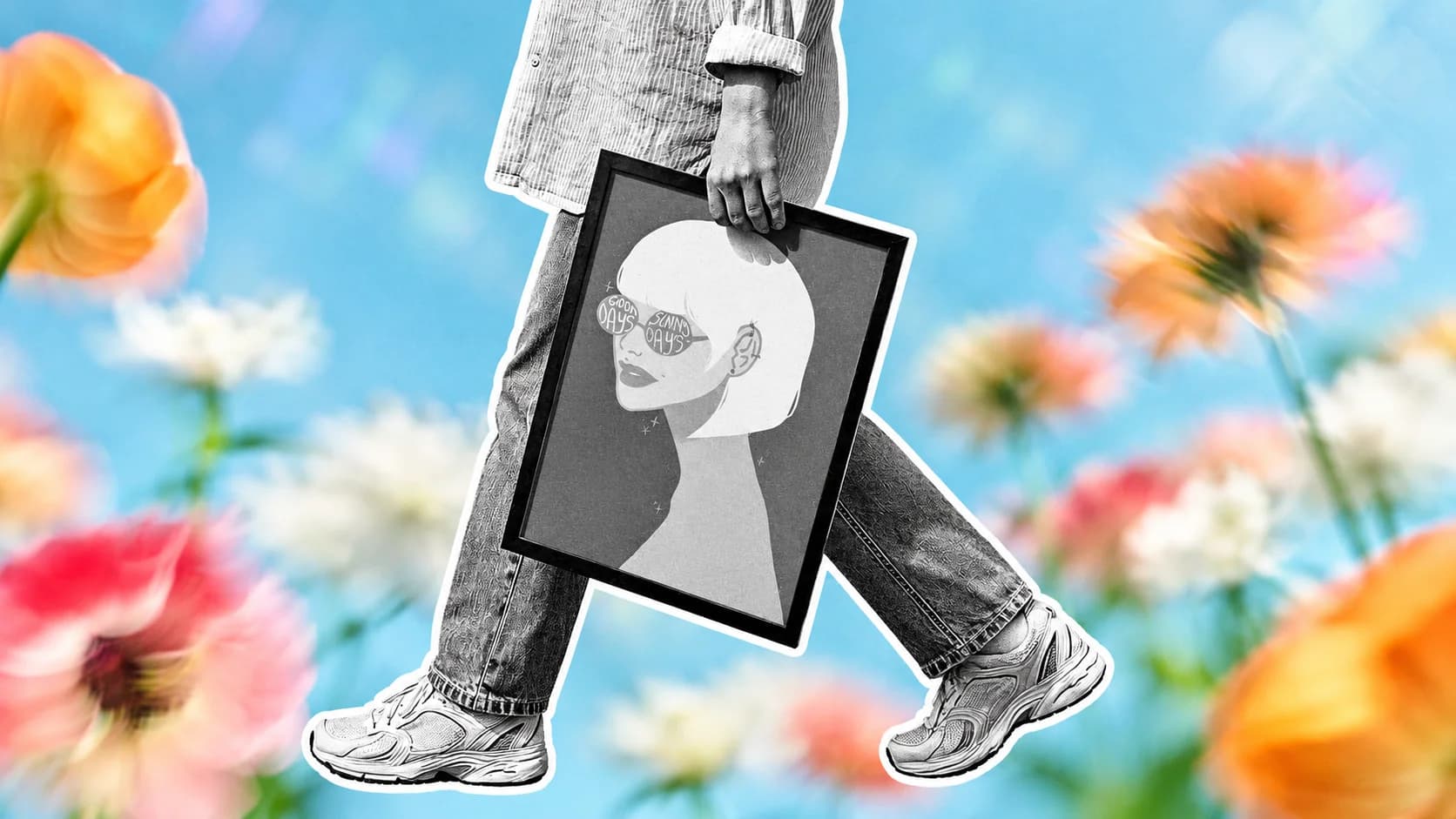 Someone in jeans and sneakers walking past colourful flowers, carrying a framed illustrated print of a figure in sunglasses