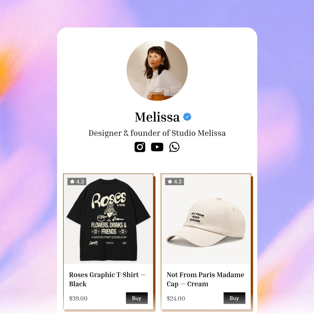 Un profil Paage avec des produits en vente directement sur la page