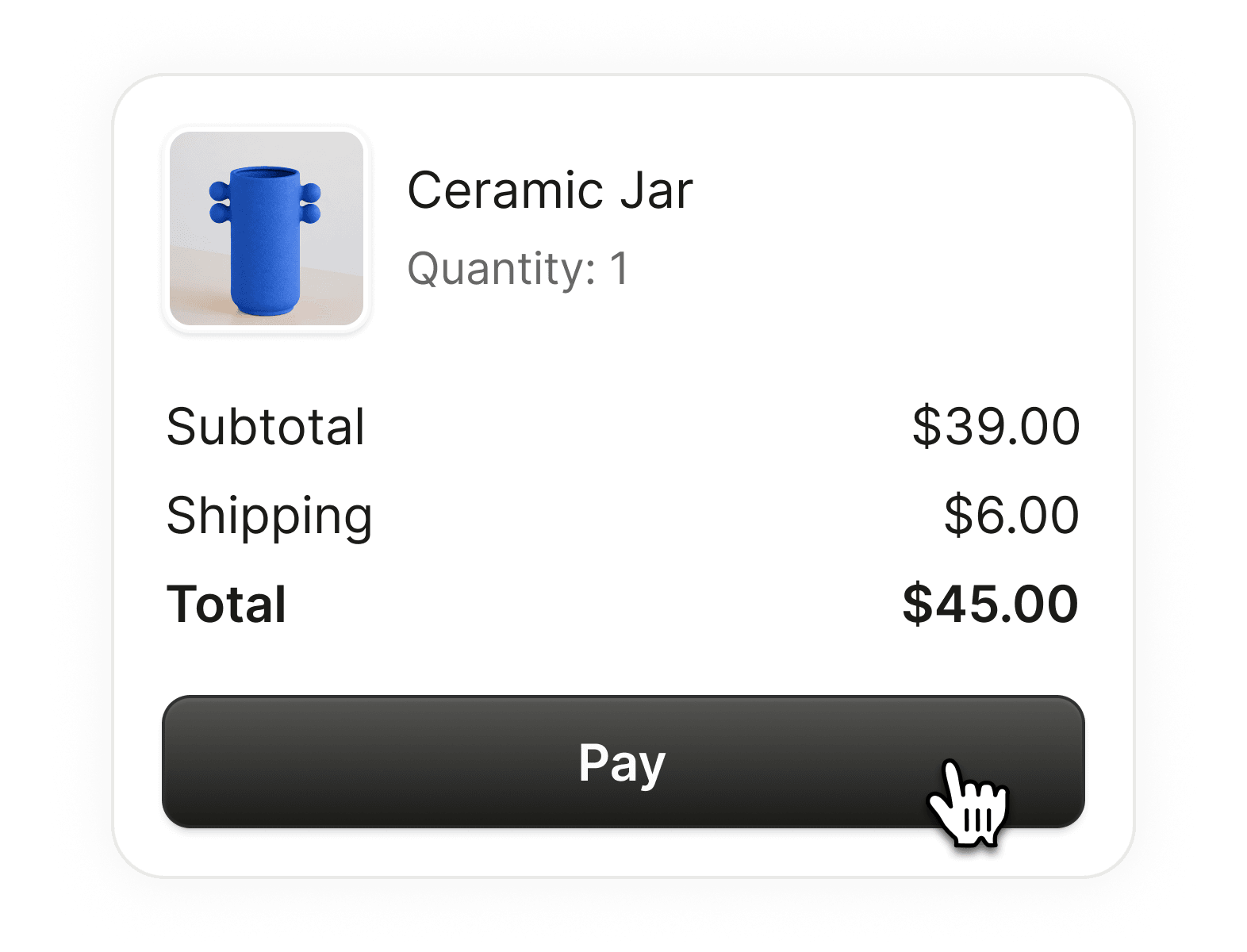 Le paiement d'un pot en céramique : 39 $ plus 6 $ de livraison, 45 $ au total, avec un bouton Payer