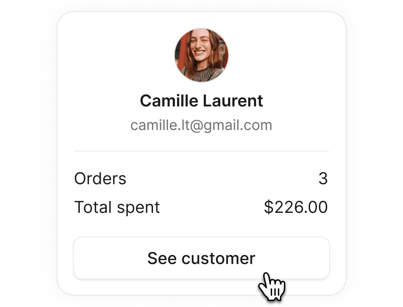 A customer profile showing 3 orders and $226 spent in total