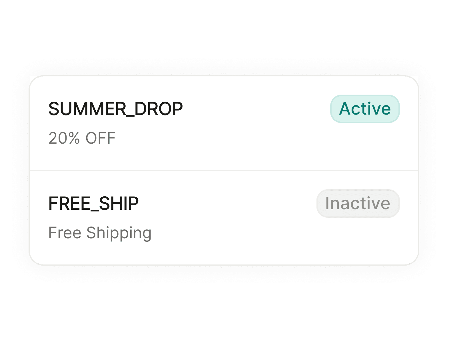 Deux codes promo : SUMMER_DROP à -20 %, actif, et FREE_SHIP pour la livraison gratuite, inactif