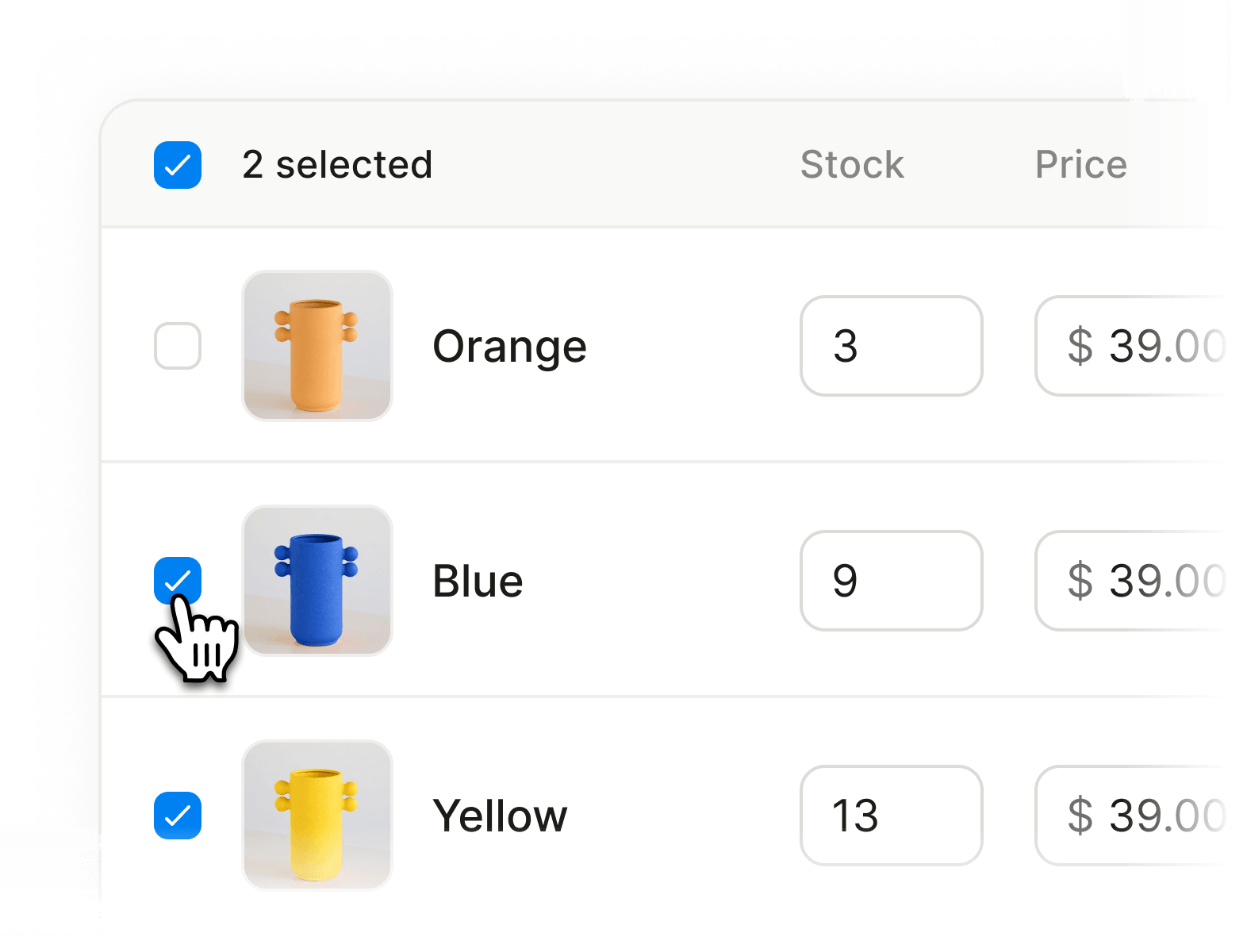 Les variantes orange, bleue et jaune d'un pot, chacune avec son stock et un prix de 39 $
