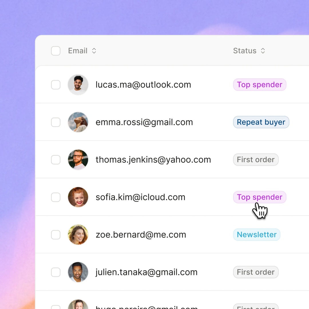 A Paage contact list of clients tagged top spender, repeat buyer or first order