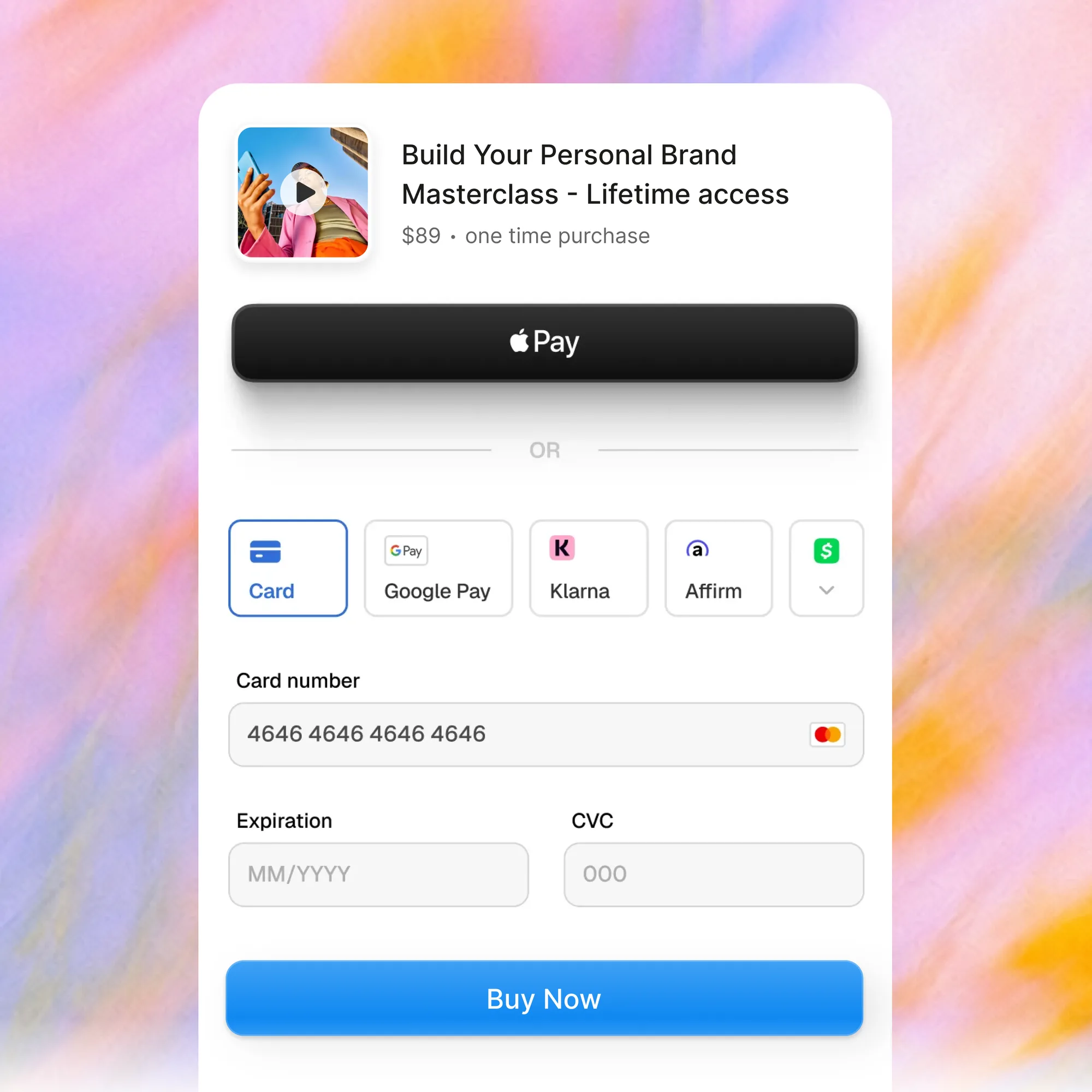 Checkout for a masterclass on Paage, paid by Apple Pay, card or Google Pay