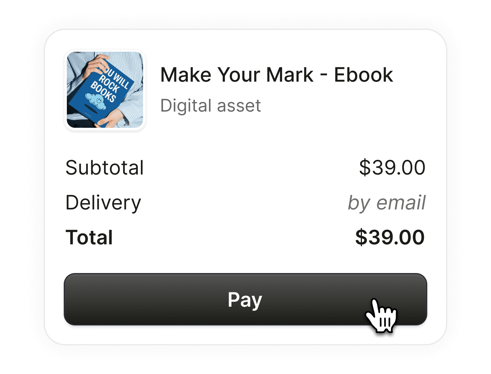 Checkout for a $39 ebook, delivered by email, with a Pay button