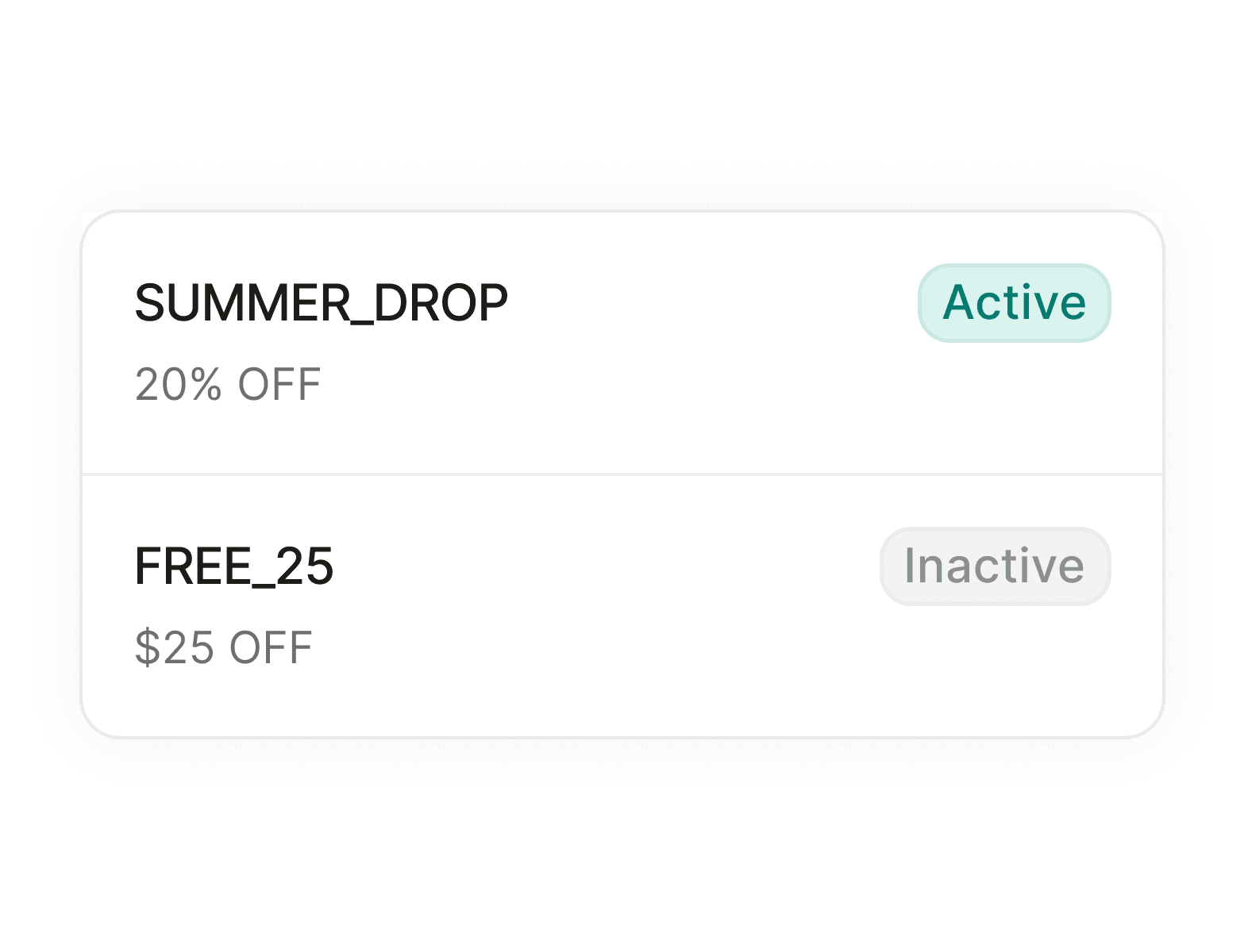 Two promo codes: SUMMER_DROP for 20% off, active, and FREE_25 for $25 off, inactive