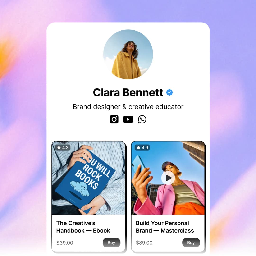 A creator's Paage selling an ebook and a masterclass right under their bio
