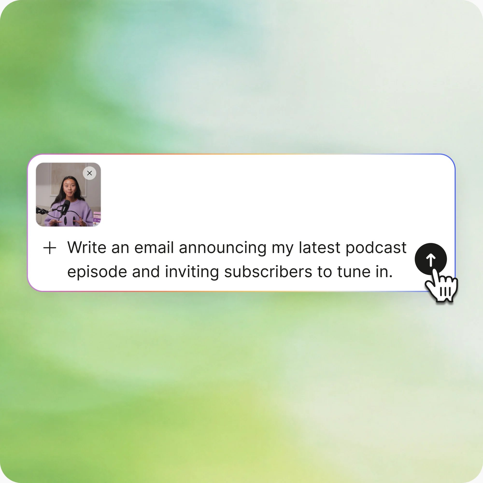 Une demande à l'IA de rédiger un email annonçant un nouvel épisode de podcast, avec une photo jointe