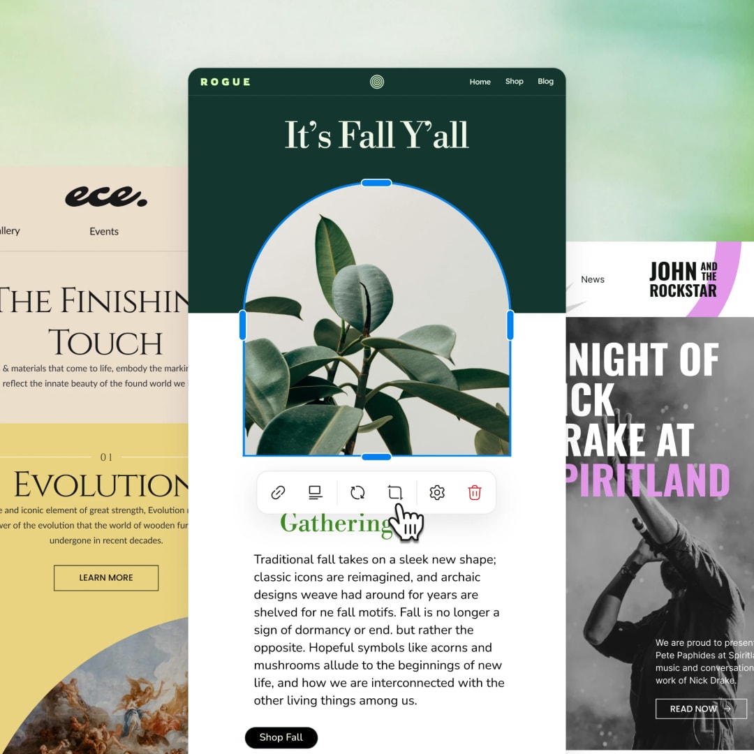 Trois templates d'email côte à côte, le guide cadeaux d'automne au centre avec sa photo sélectionnée et la barre d'outils image ouverte
