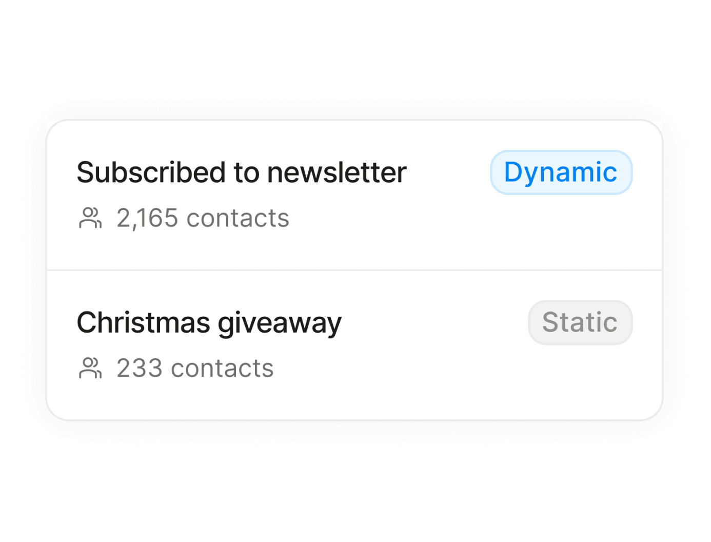 Deux listes de contacts : une liste newsletter dynamique de 2 165 contacts et une liste jeu-concours statique de 233