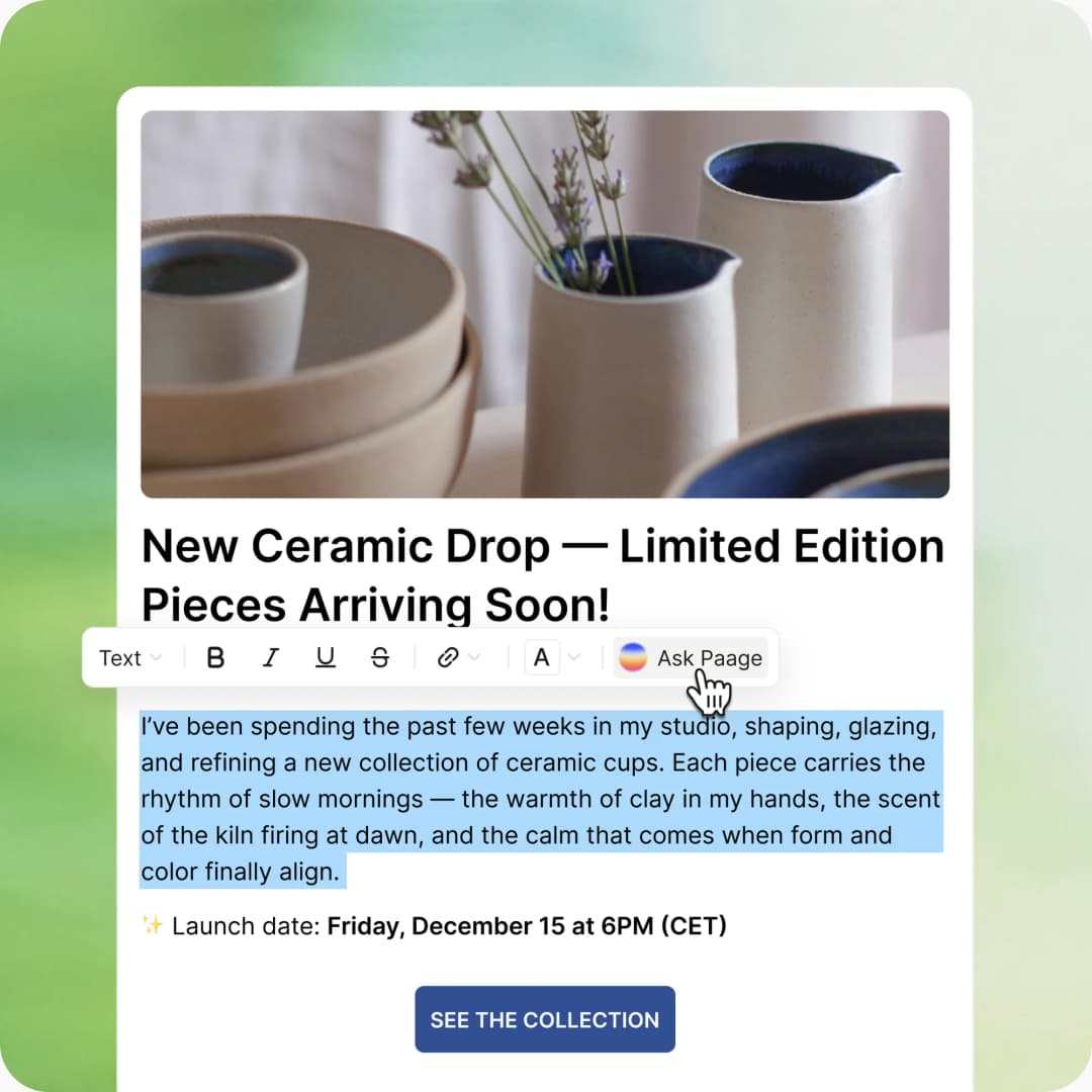 Une newsletter ouverte dans l'éditeur d'emails Paage, son texte sélectionné et le bouton Ask Paage de la barre d'outils sous le curseur