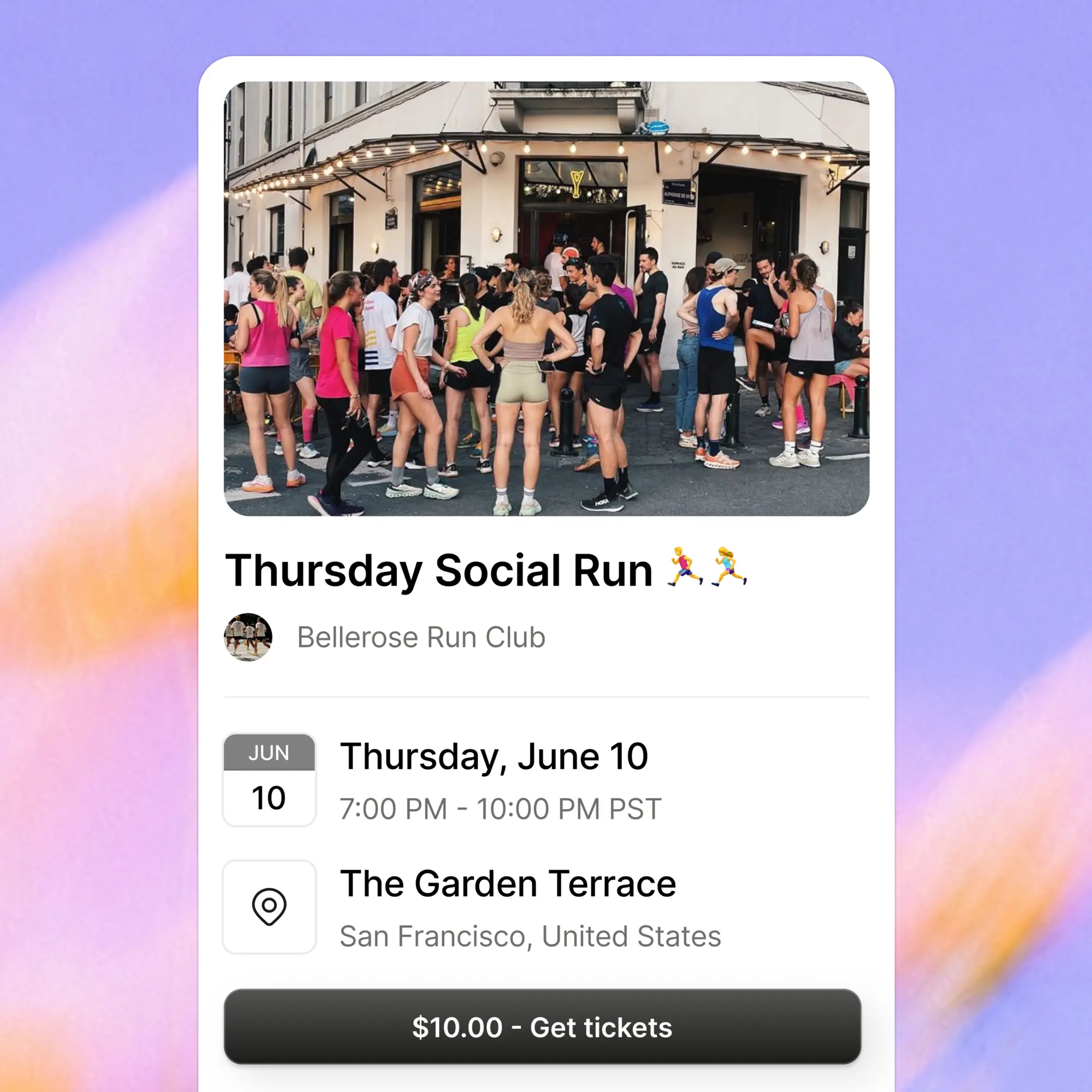 An event page for a Thursday social run, with its date, venue and a “$10.00 - Get tickets” button