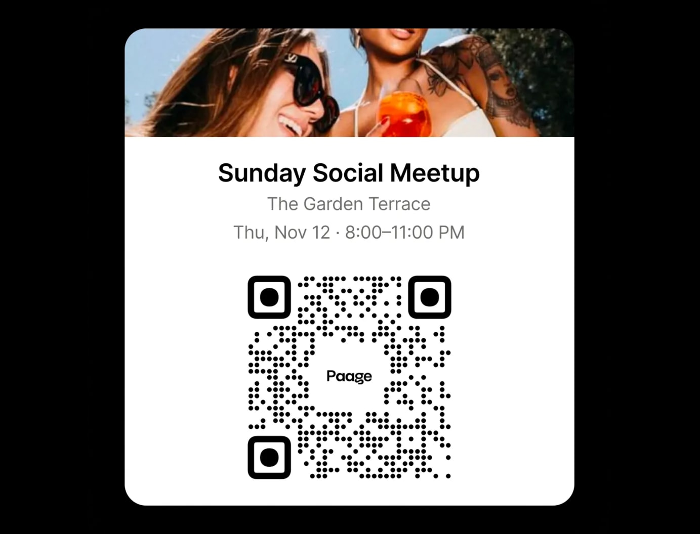 A ticket for a Sunday social meetup with its QR code