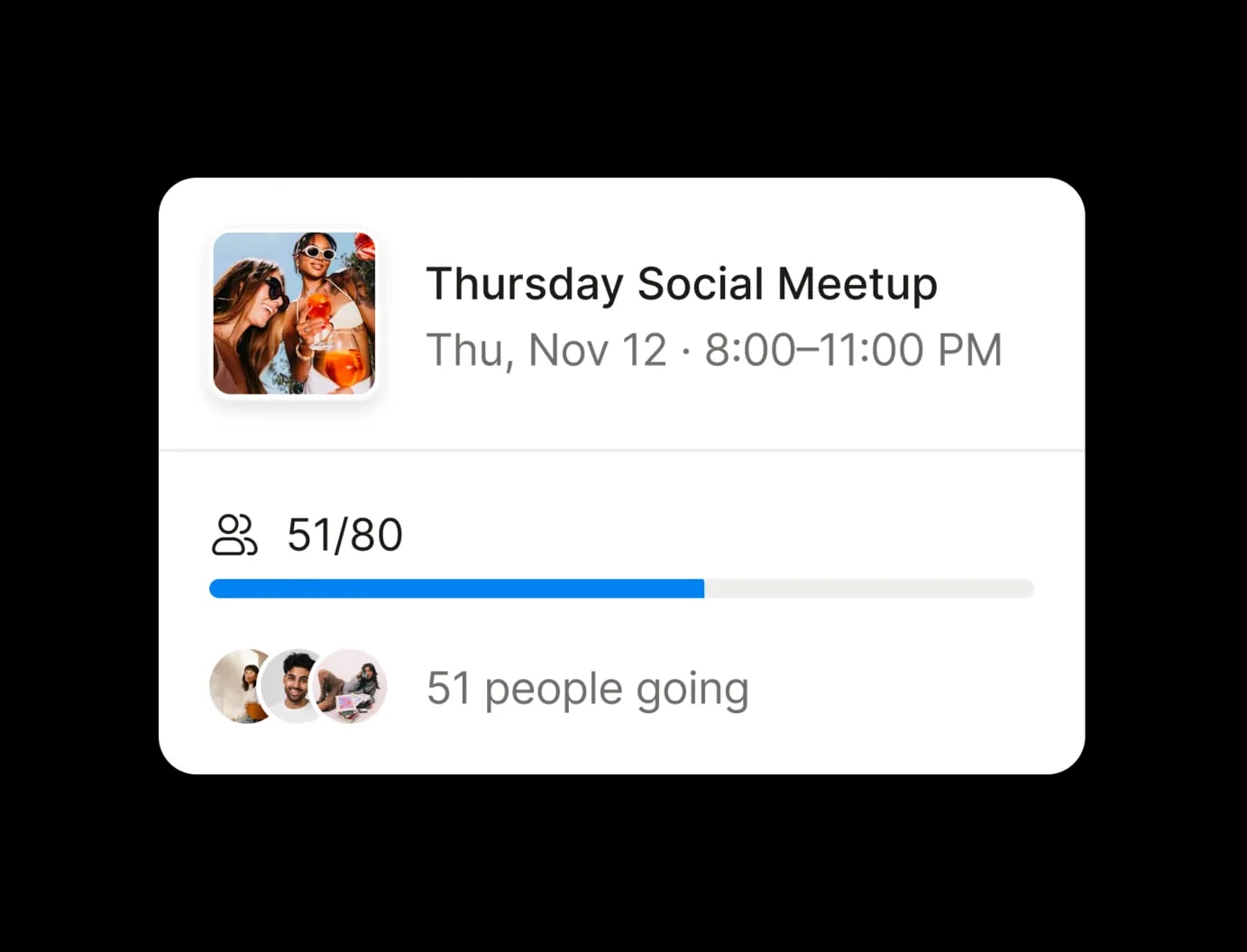 An event with 51 of 80 places taken and 51 people going