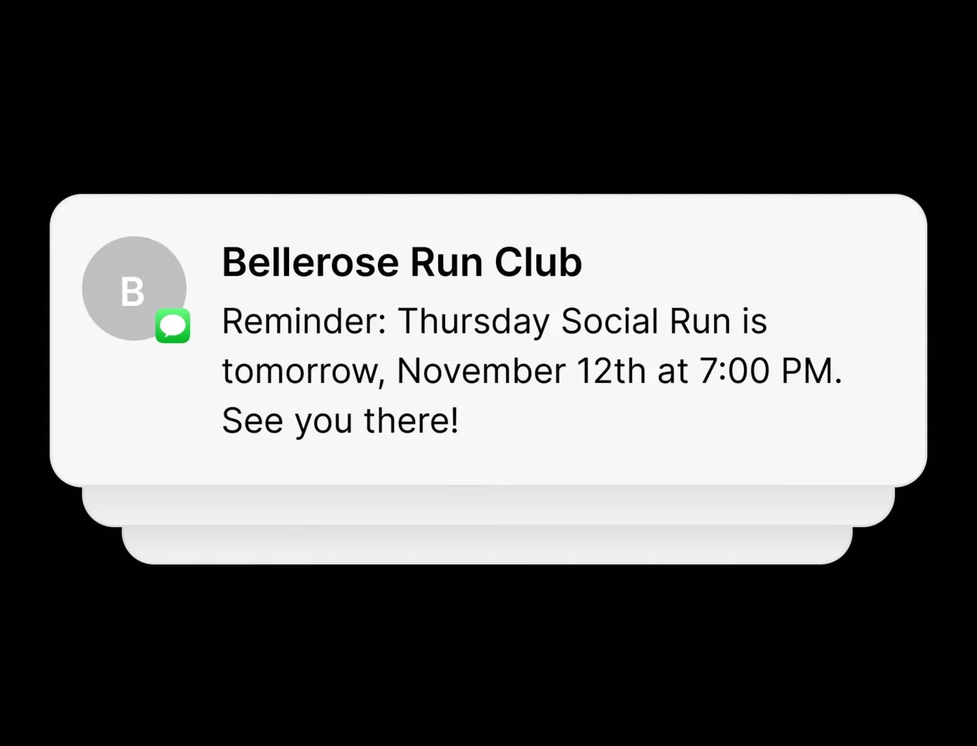 A text reminder from a run club: the Thursday social run is tomorrow at 7:00 PM