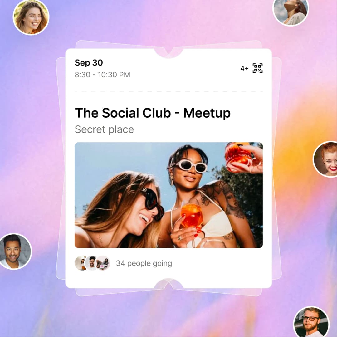 An event ticket for “The Social Club - Meetup” at a secret place, with 34 people going