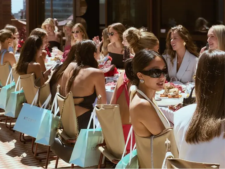 Guests with gift bags at a long table during a brand event