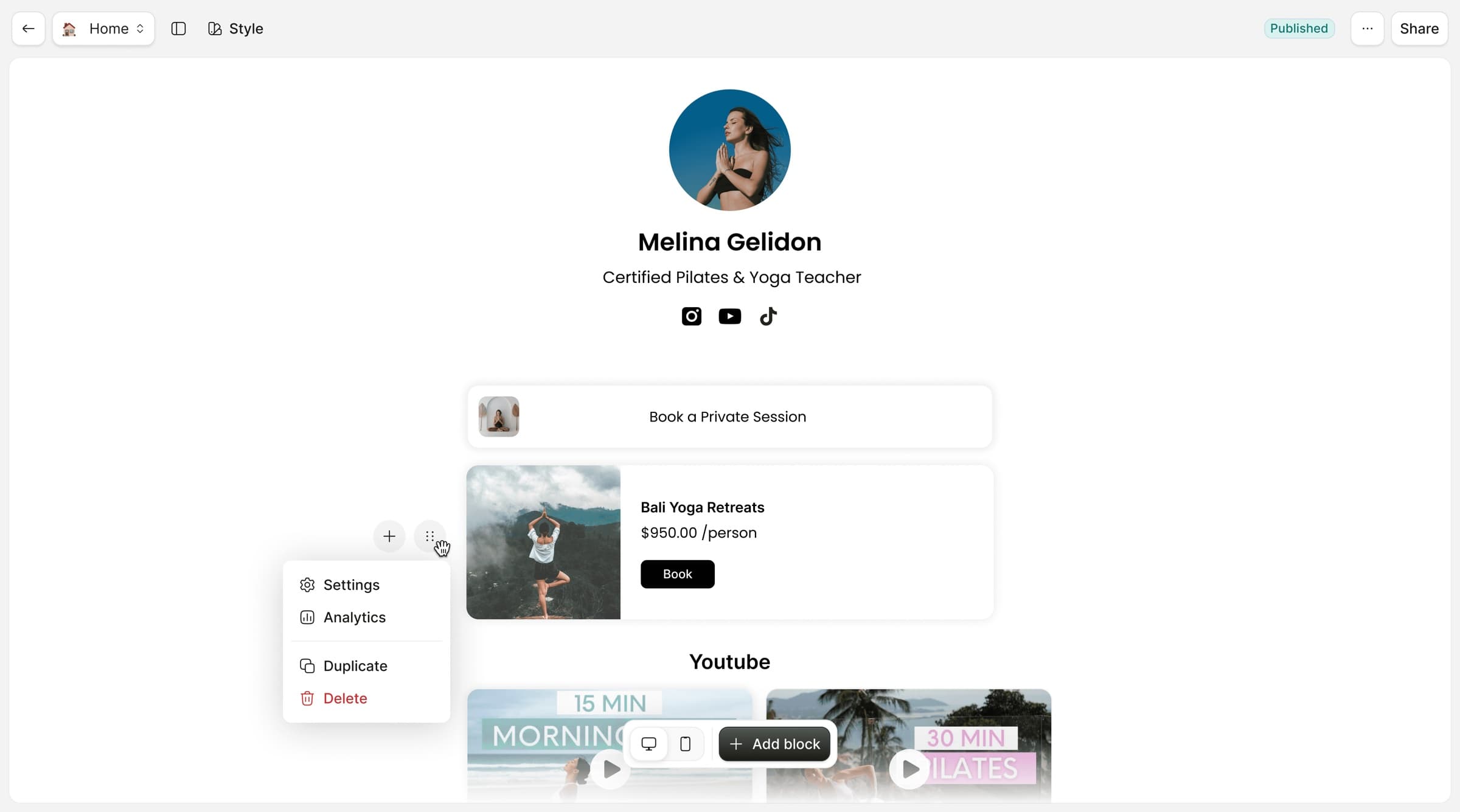 The Paage page builder, showing a creator's page in progress