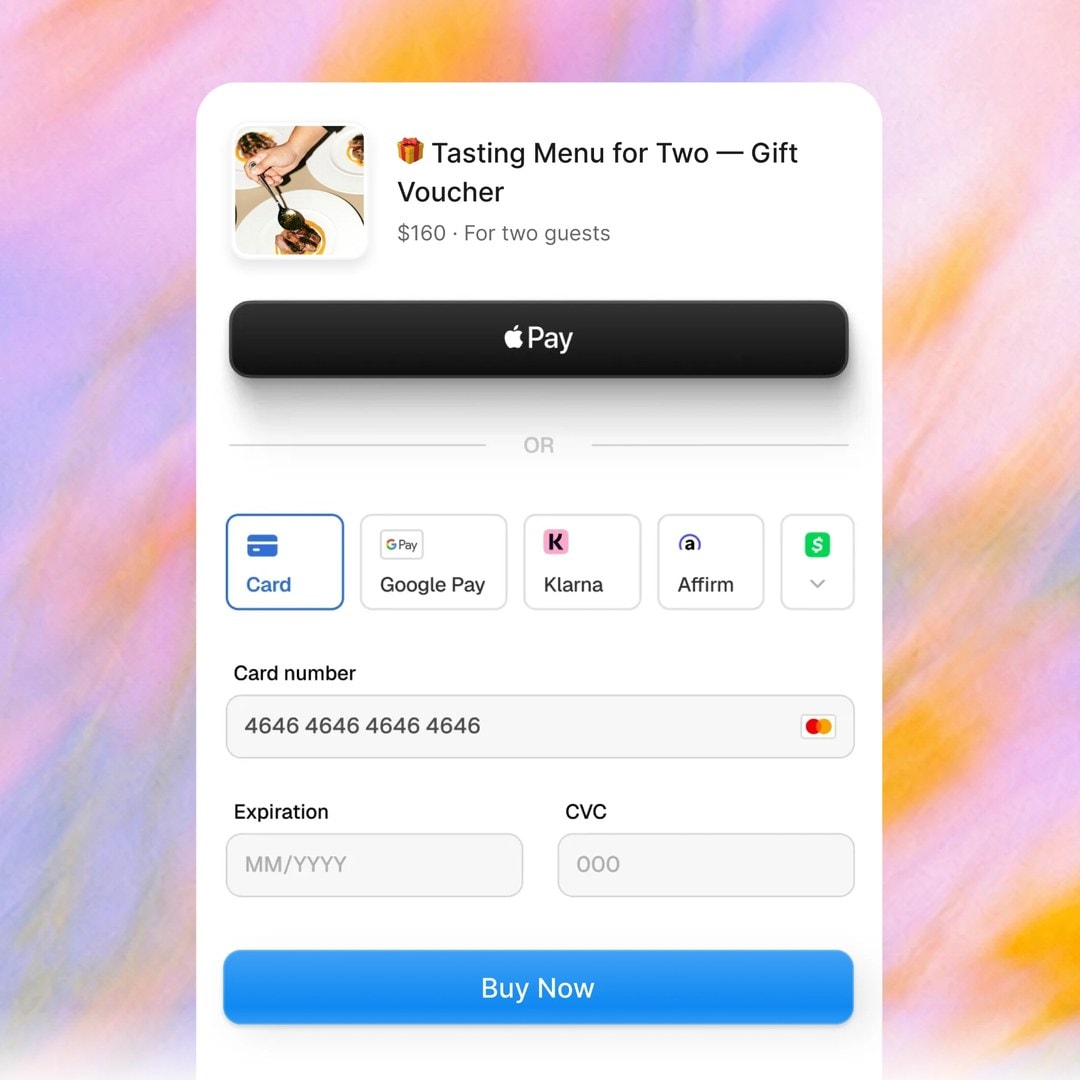Paiement d'un bon cadeau de restaurant sur Paage — un menu dégustation pour deux, par carte, Apple Pay ou Google Pay