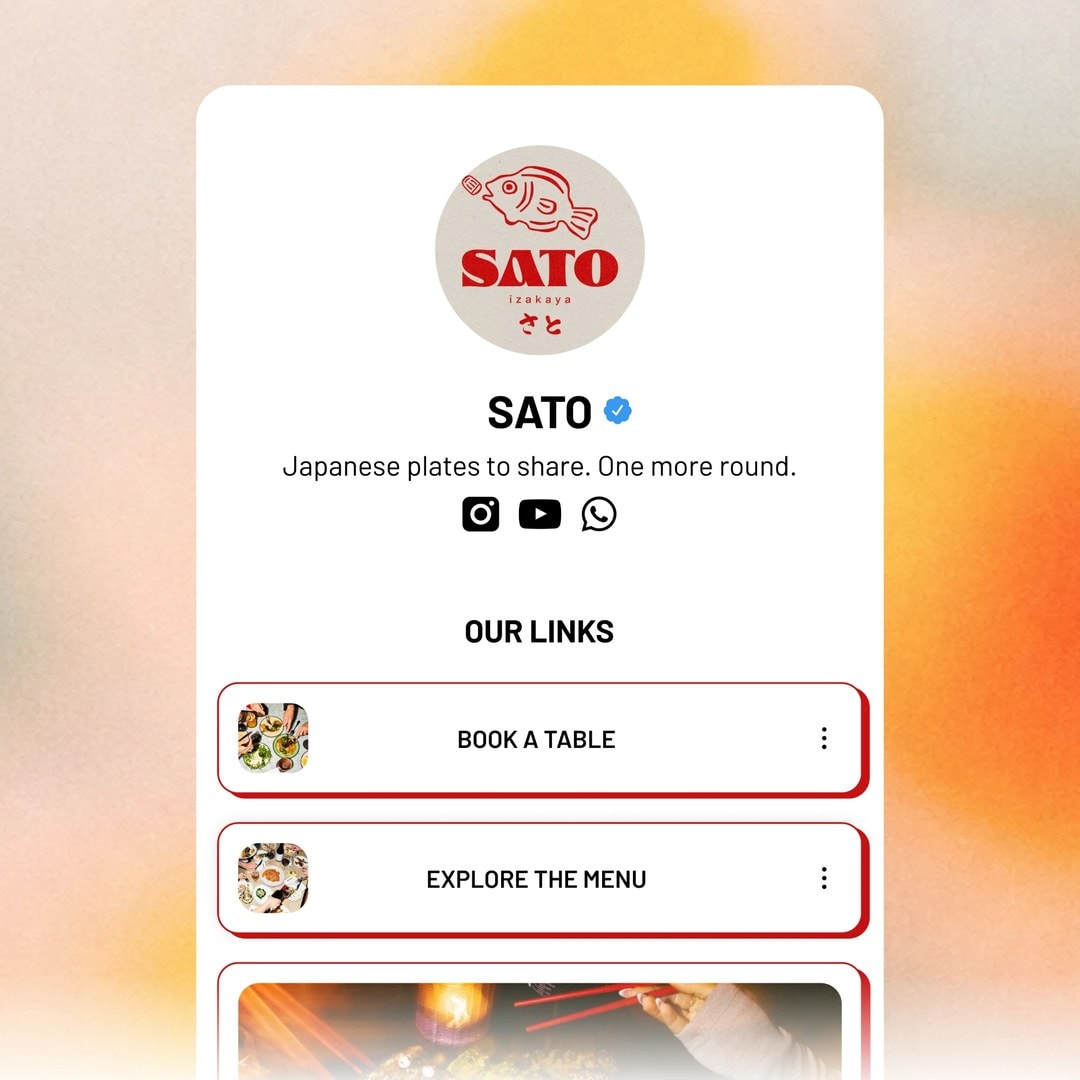 La page Paage d'un restaurant avec son logo, ses réseaux et des liens vers son menu