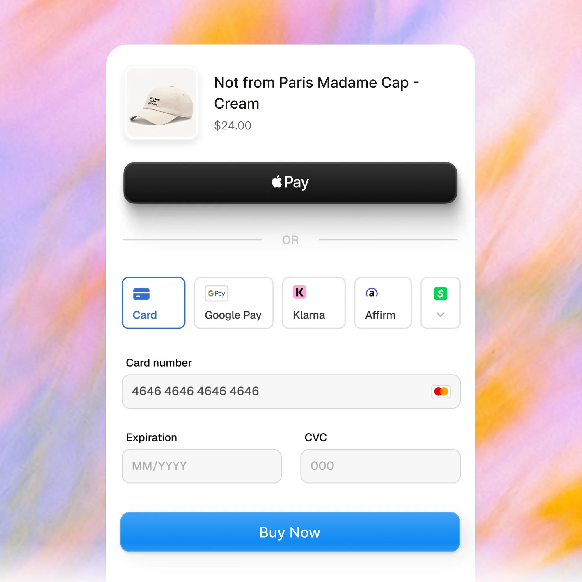 Le paiement d'une casquette imprimée sur Paage, par Apple Pay ou par carte