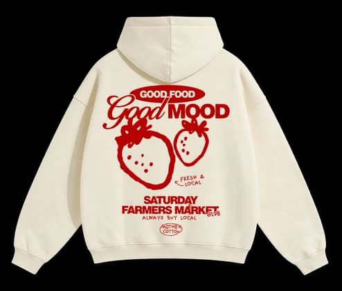 Un sweat à capuche crème imprimé d'un motif de fraises de marché fermier