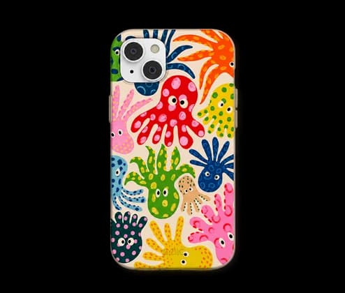 Une coque de téléphone imprimée de pieuvres et de plantes colorées