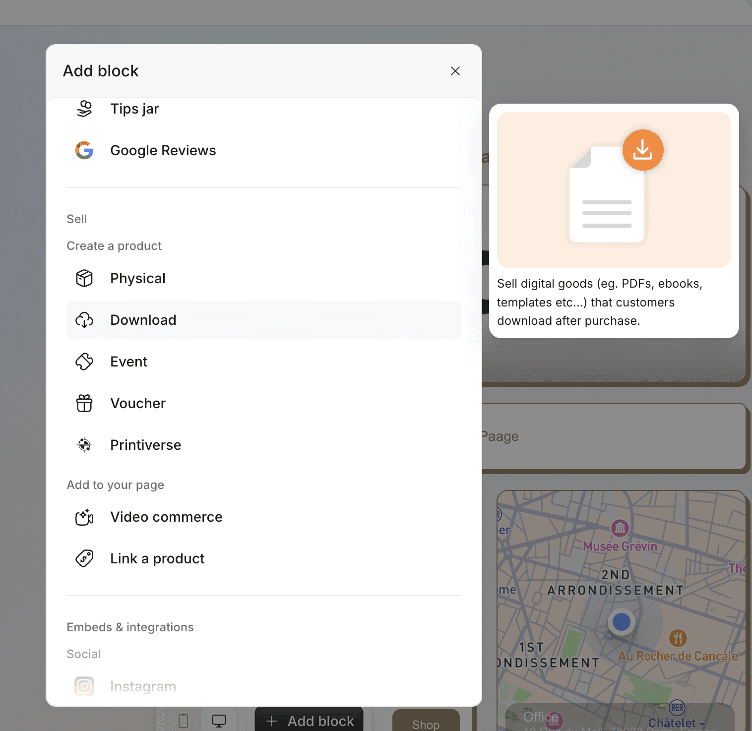 Paage add block picker showing the option to add a digital product block